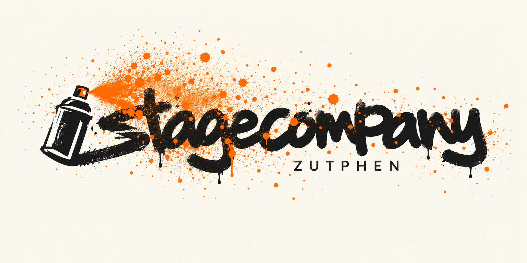 Stagecompany Zutphen — logo met spuitbus en oranje verfspetters